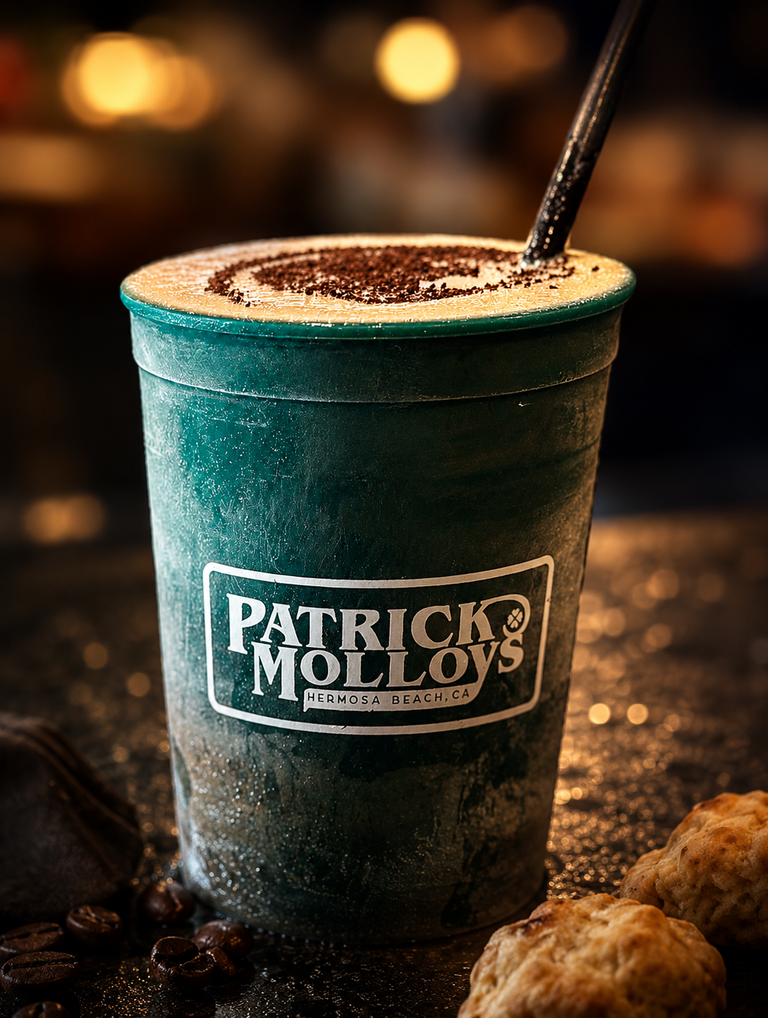 A frost-covered green Patrick Molloy's cup of frozen Irish coffee topped with shaved chocolate, lit by warm bar light with coffee beans scattered nearby.