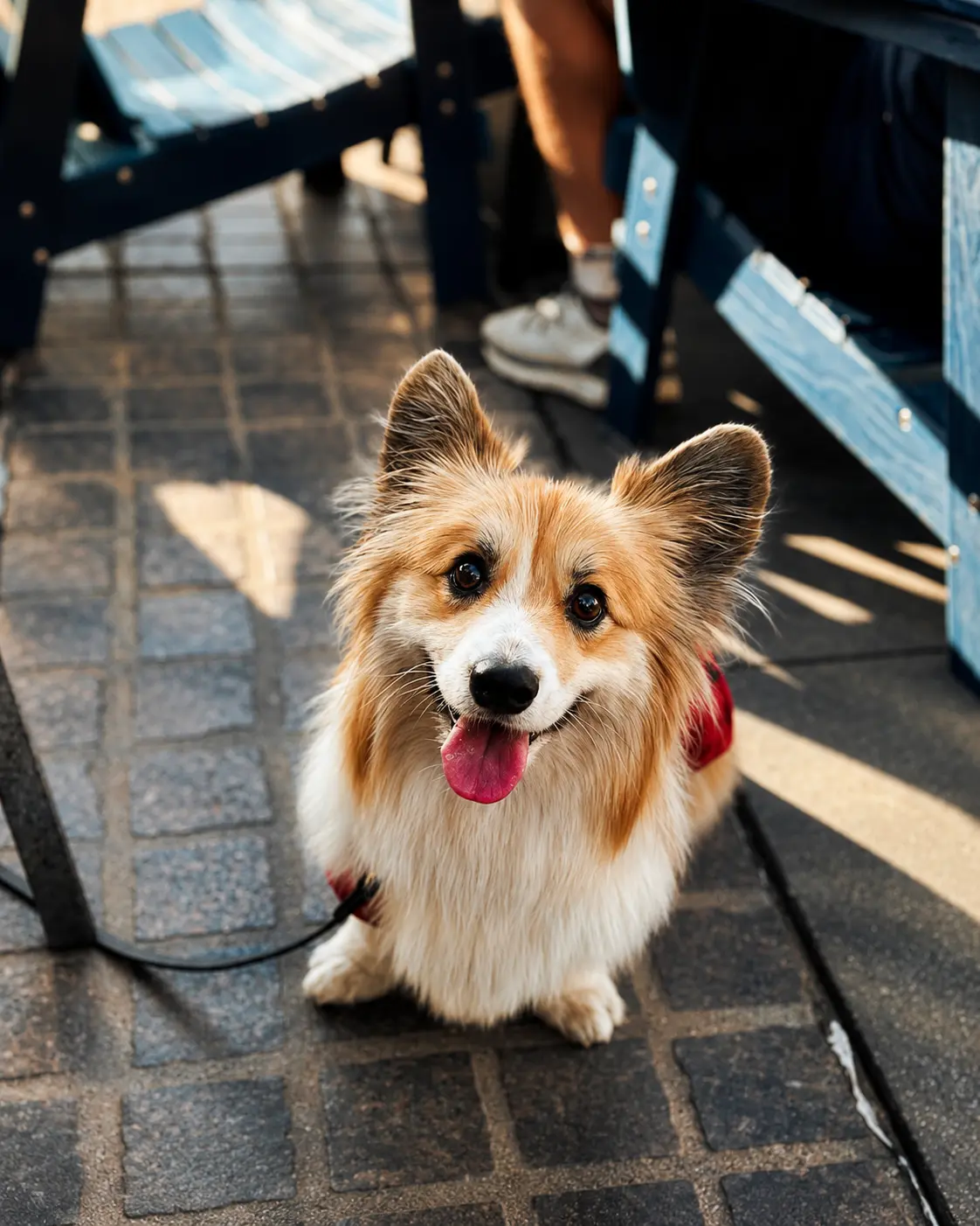 A corgi sitting on the sunlit sidewalk patio beside blue Adirondack chairs