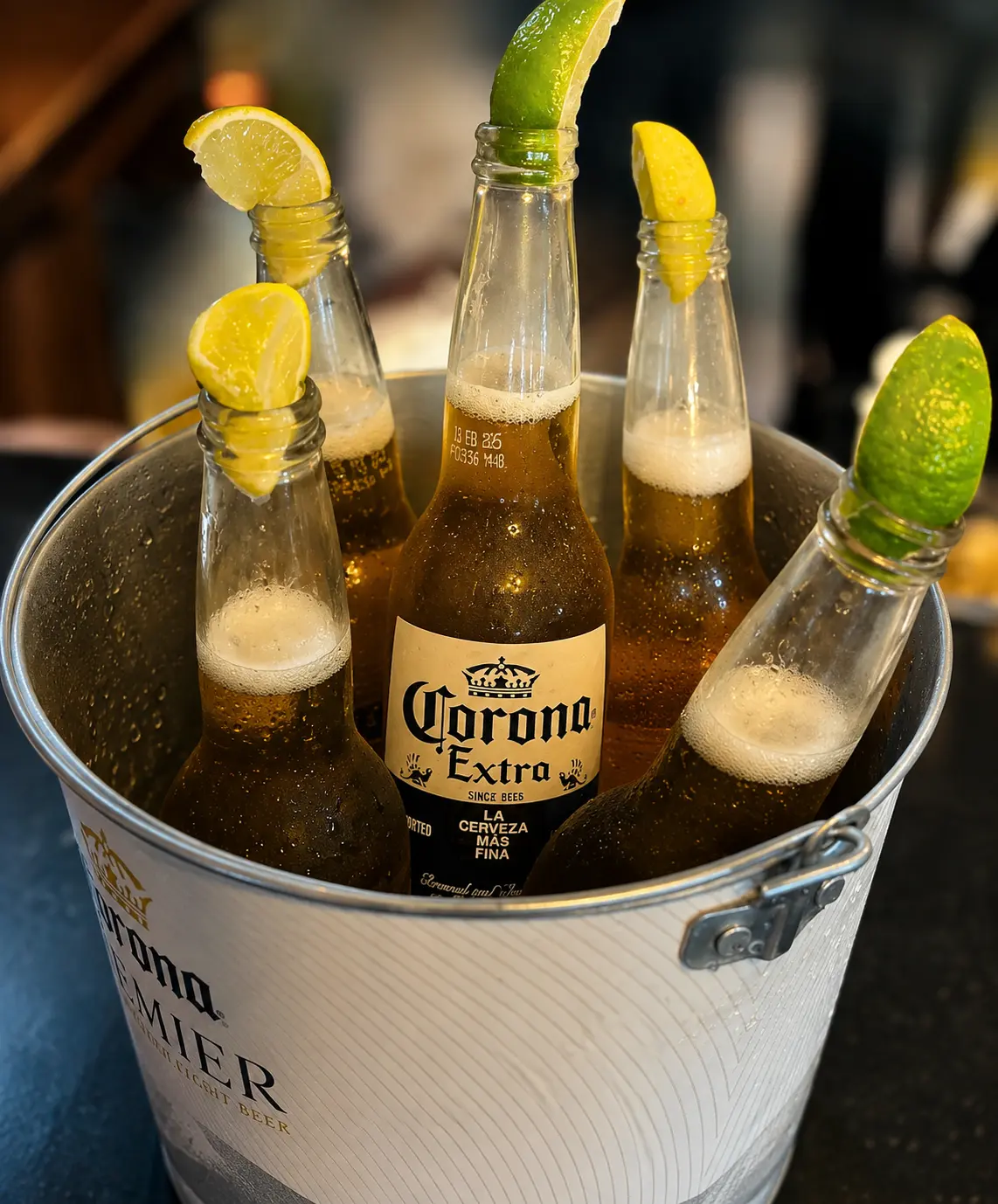A galvanized bucket of iced bottled beers on a table at Patrick Molloy's.