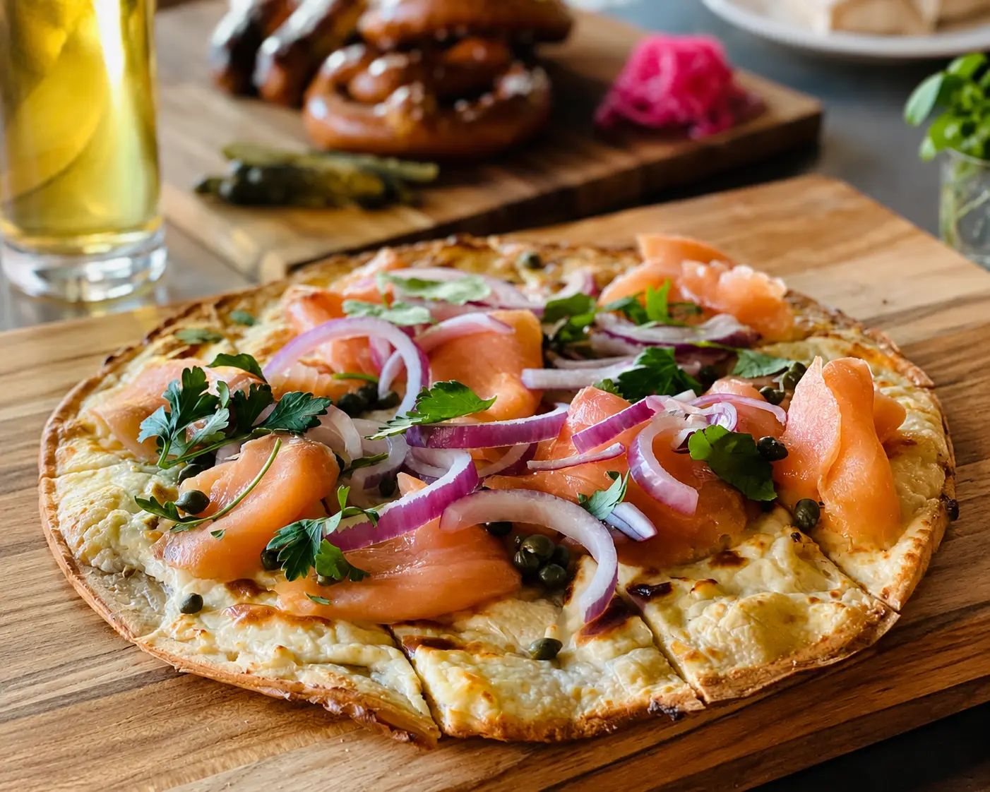 A crisp flatbread spread with herbed cream and topped with smoked salmon, red onion, capers and parsley on a wood board.